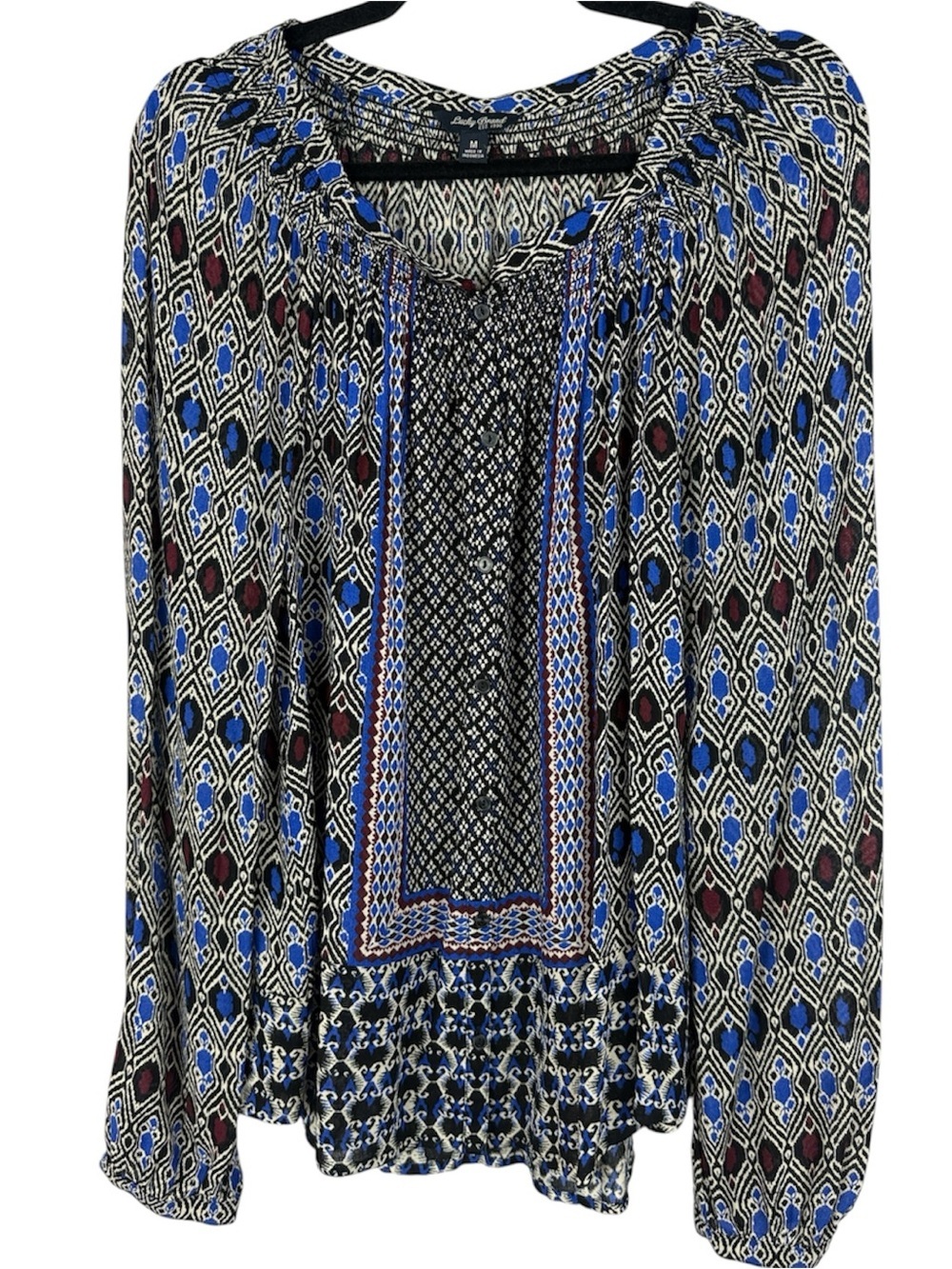 Lucky Brand Boho Geometric Print Smocked Peasant Blouse Size M